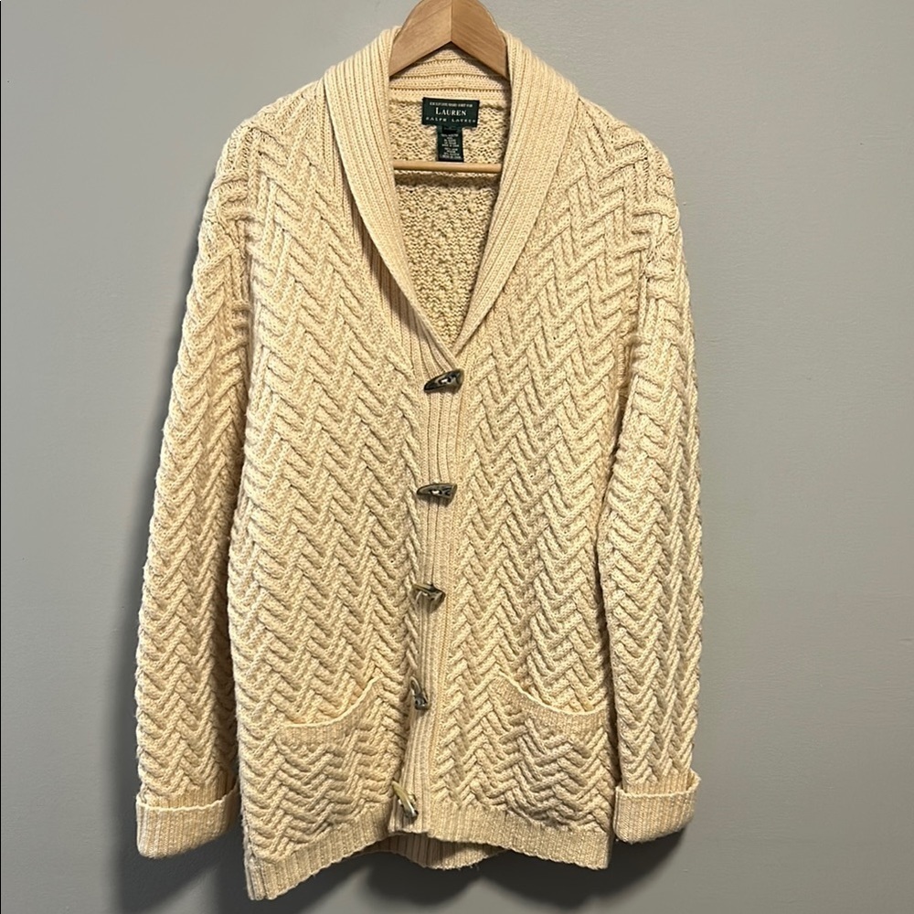 Vintage Lauren Ralph Lauren Handknit Wool Fisherman Cardigan Sweater Large